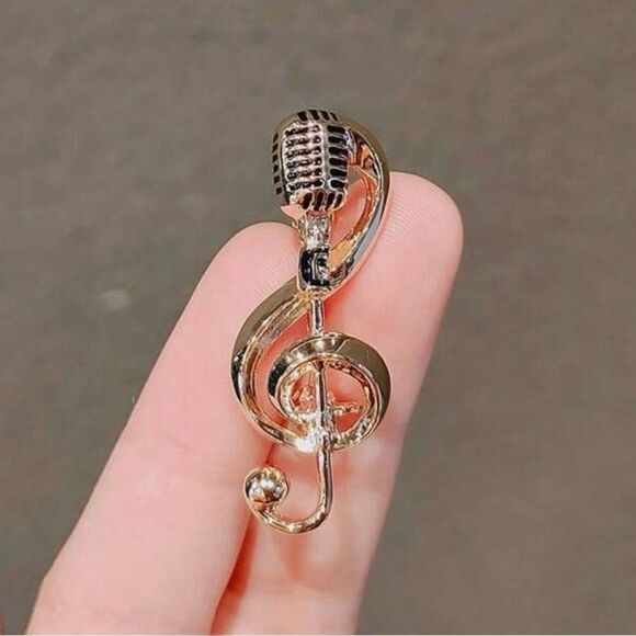 Vintage Inspired Microphone Brooch, Gold Tone, Rockabilly, Elegant - Picture 3 of 4